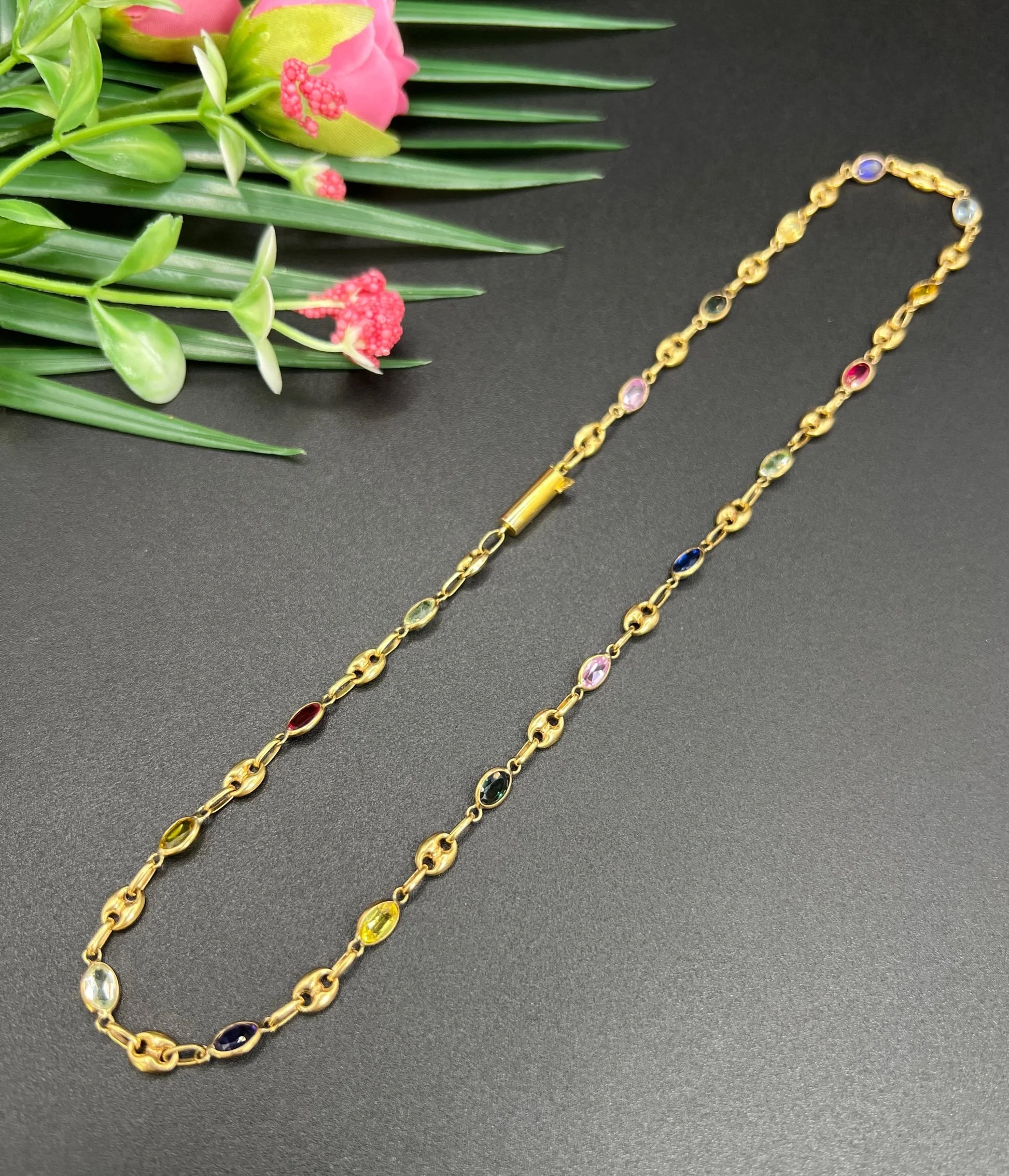 Vintage 18 Carat Yellow Gold Gemstone Harlequin Necklace with Barrel Clasp