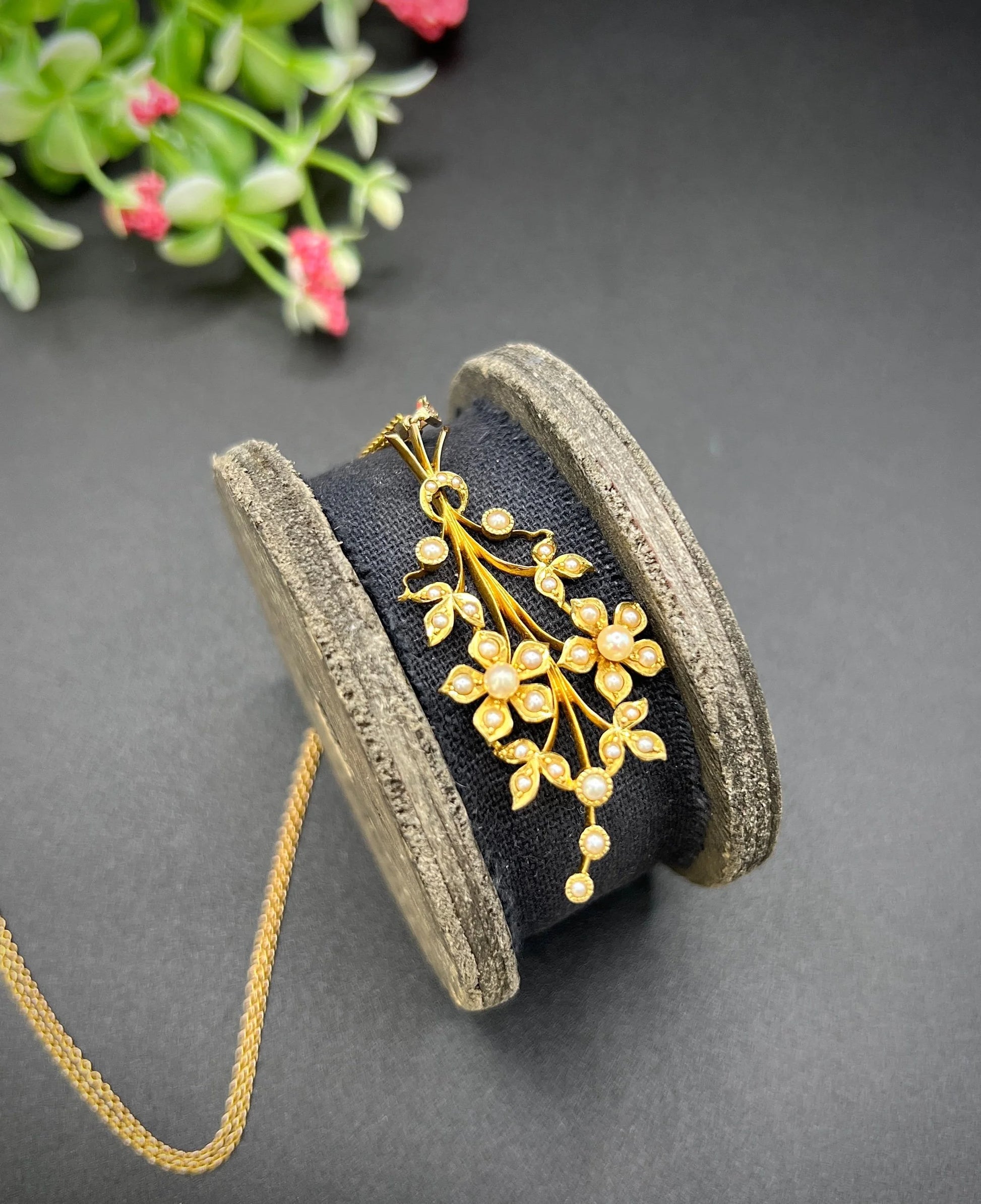 Antique 15 Carat Yellow Gold Pearl and Diamond Flower Spray Bouquet Pendant, Circa 1900