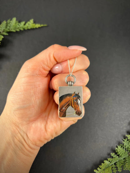 Antique French Silver, Edwardian Era Rectangular Enamel Horse Locket, Heirloom Gift