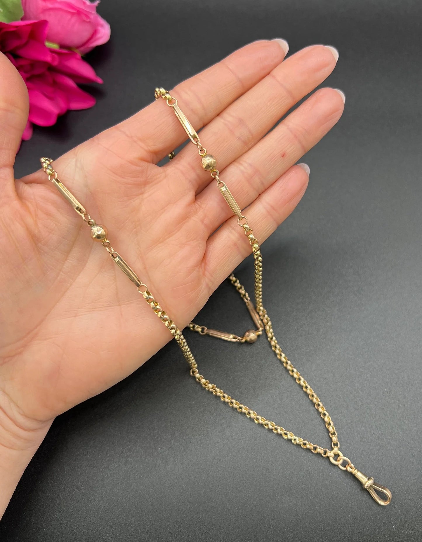 Antique 9ct Rose Gold, Edwardian Fancy Paperclip & Ball Link Belcher Chain 30 Inch