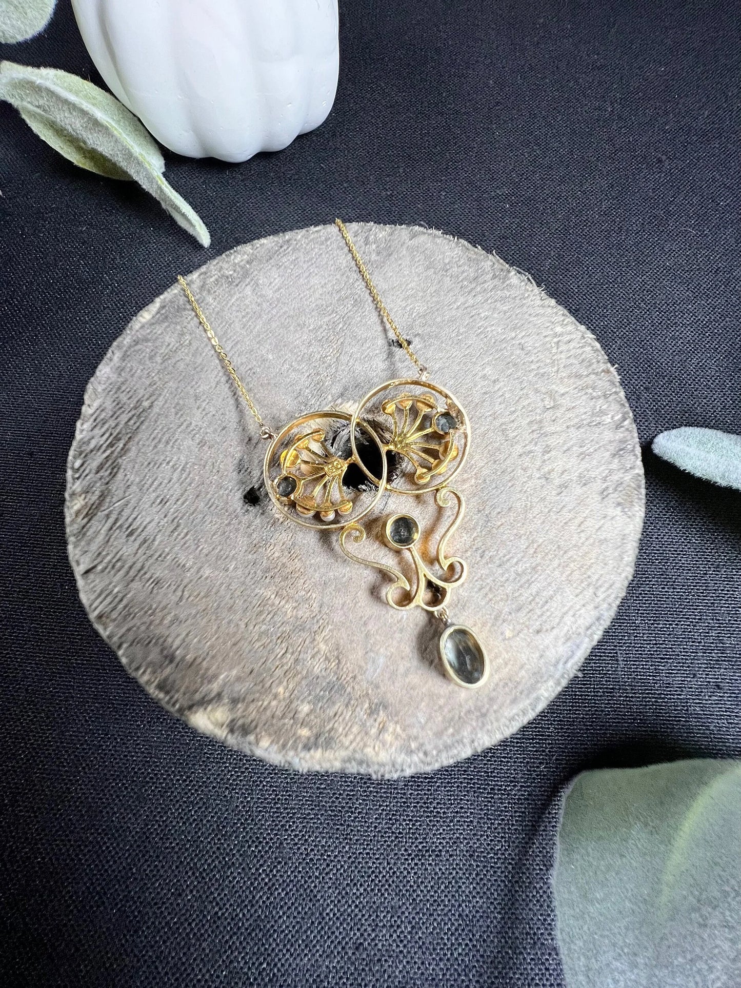 Antique 15 ct Gold Edwardian Aquamarine And Seed Pearl Pendant Necklace