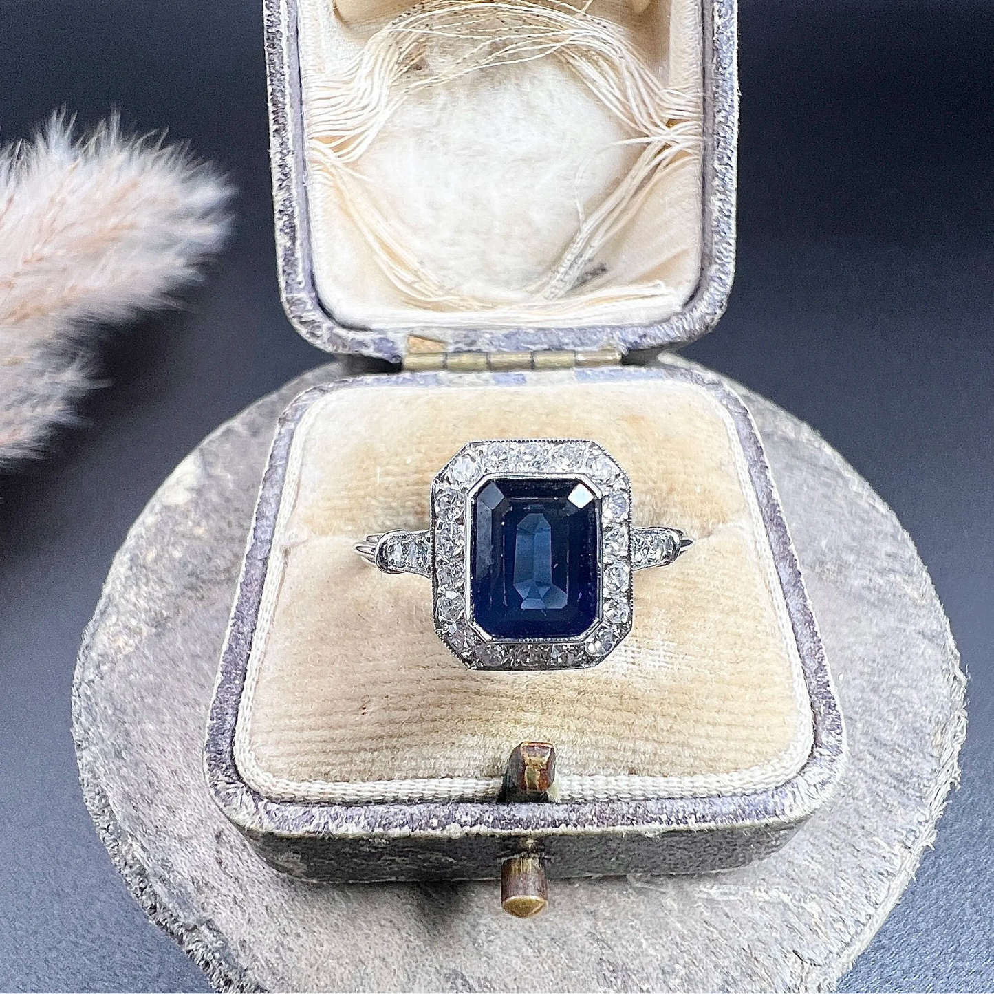 Vintage Art Deco Style Sapphire and Diamond Cluster Engagement Ring in 18ct White Gold