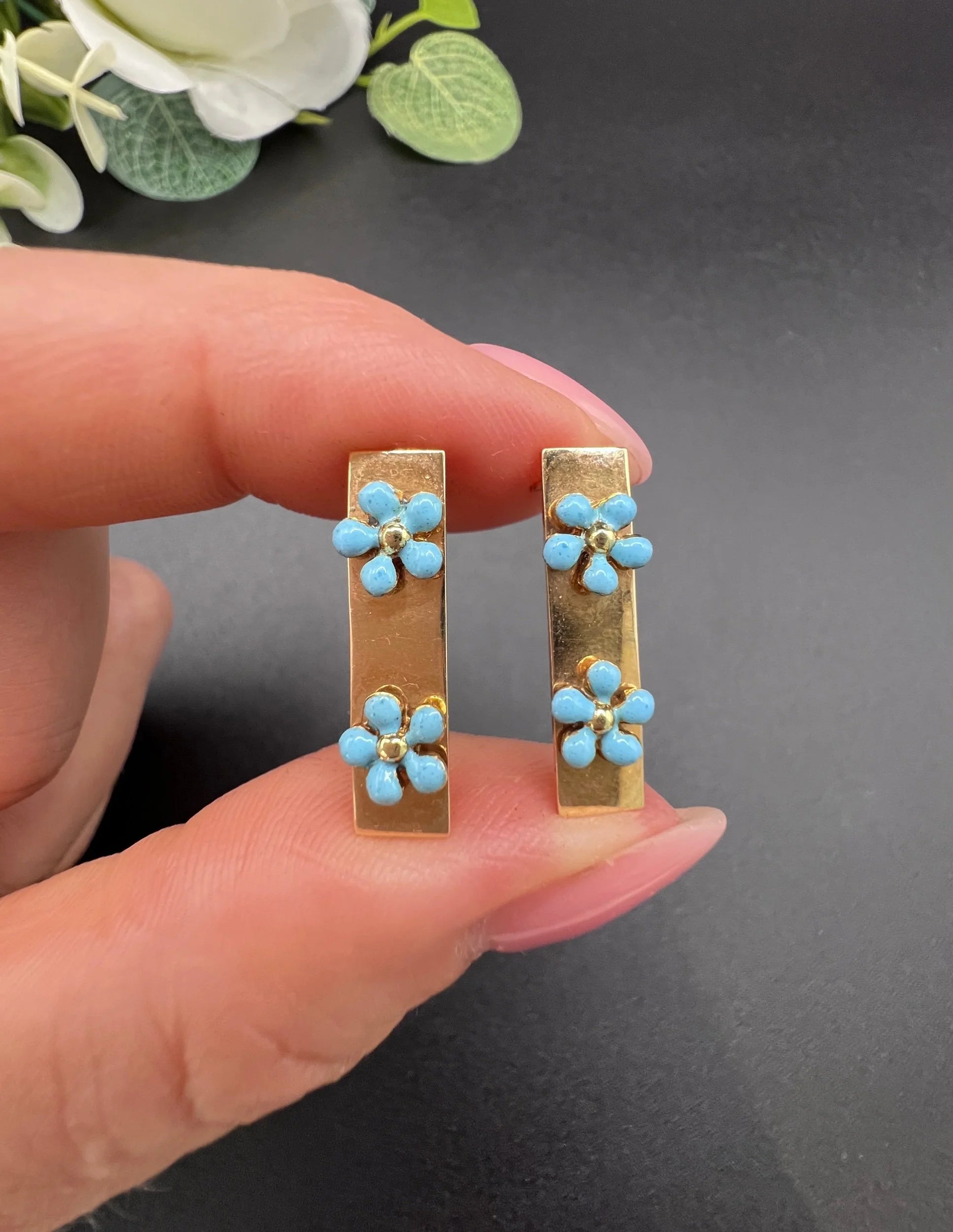 Antique 14 ct Gold, 1920's Cartier Turquoise Enamel Forget Me Not Collar Pins