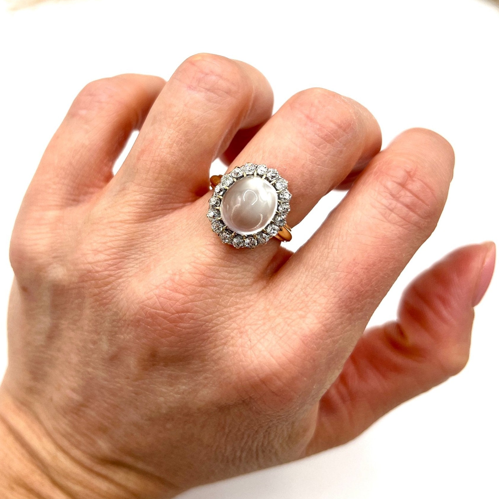 Victorian Antique Cabochon Moonstone and Diamond Cluster Ring