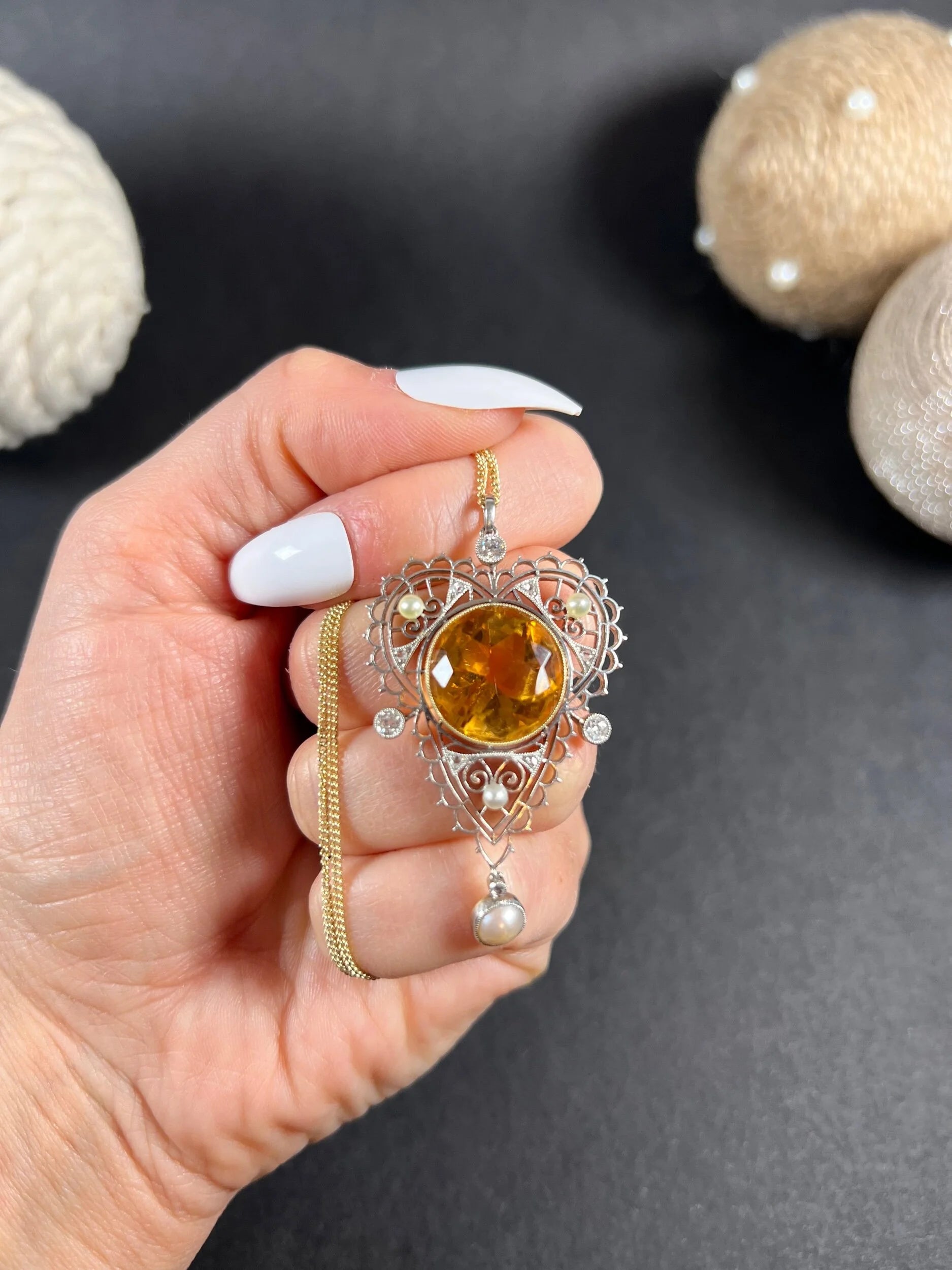 Edwardian 18 Carat Gold, Platinum, Citrine, Pearl and Diamond Pendant Necklace