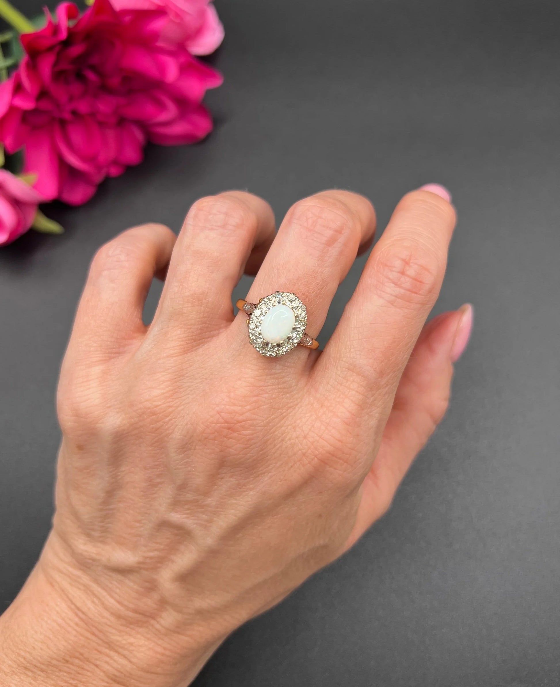 Vintage 18 Carat Yellow Gold Opal and Diamond Oval Cluster Ring, Hallmarked 1963