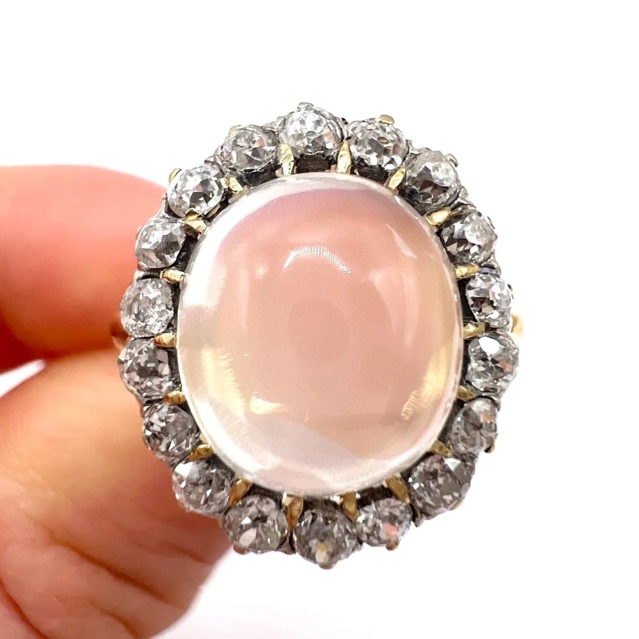 Victorian Antique Cabochon Moonstone and Diamond Cluster Ring
