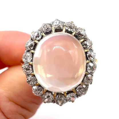 Victorian Antique Cabochon Moonstone and Diamond Cluster Ring
