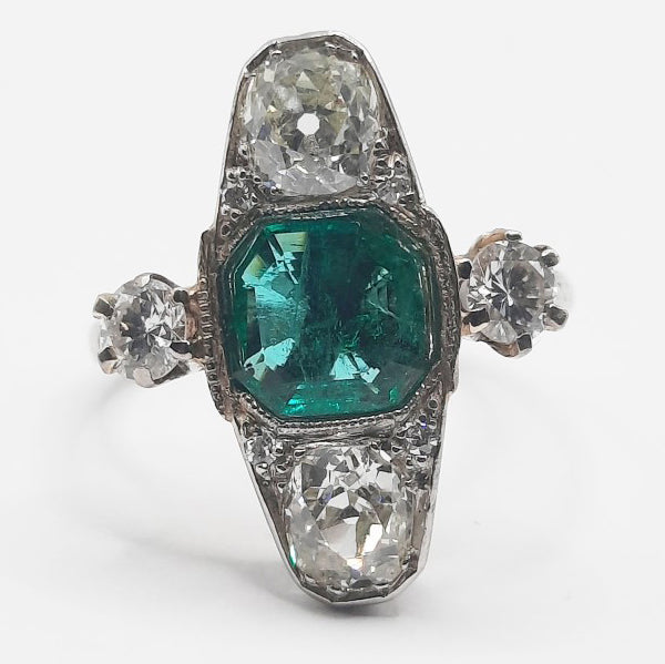 Antique Emerald and Old Cut Diamond Trilogy Plaque Ring