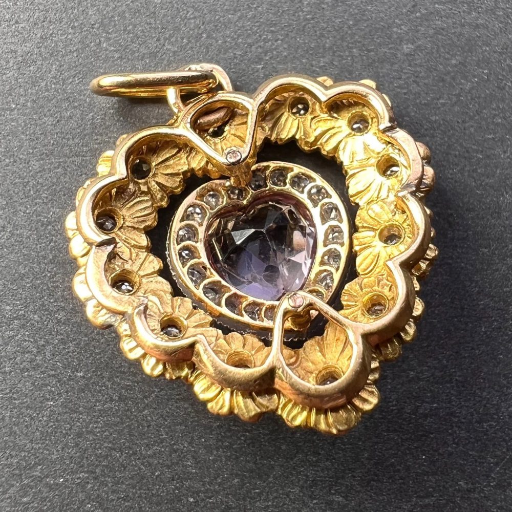 Morganite Heart Enamel and Diamond Flower Cluster Pendant