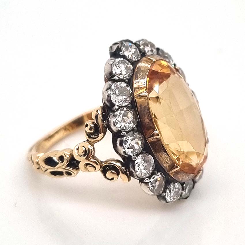 Victorian Antique 6.73ct Imperial Topaz and 1.60ct Old Cut Diamond Cluster Ring
