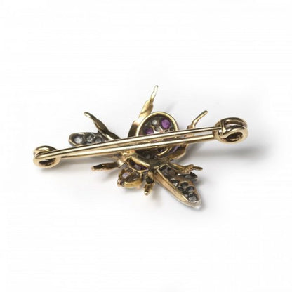Antique Victorian Diamond, Ruby and Opal Bee Brooch, in silver and 18ct gold