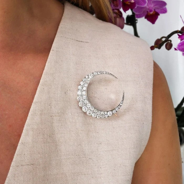 Victorian Antique 7ct Old Cut Diamond Crescent Brooch