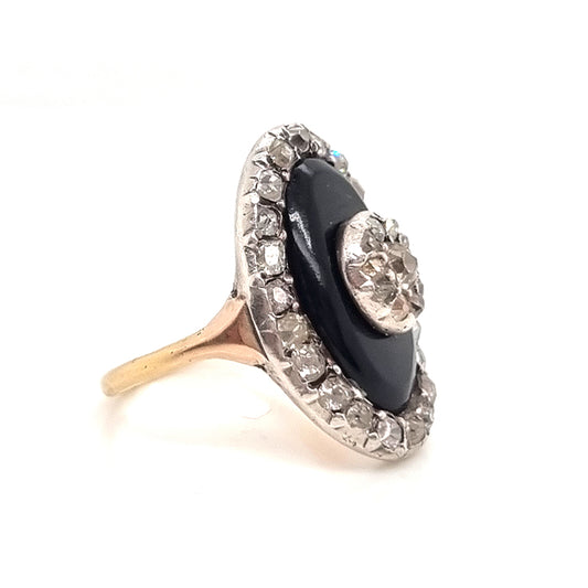 Georgian Antique Rose Cut Diamond and Black Onyx Cluster Plaque Ring