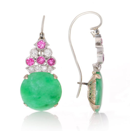 Vintage Jadeite Jade Ruby and Diamond Cluster Drop Earrings