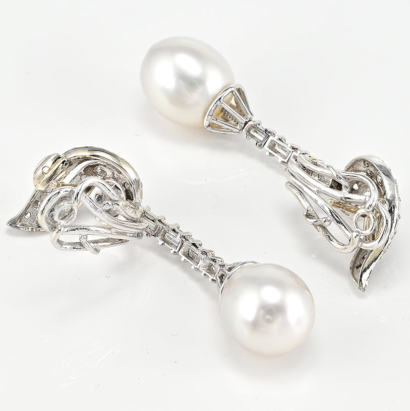 Vintage 1940s South Sea Pearl and Diamond Drop Earrings, 2.15 carat total