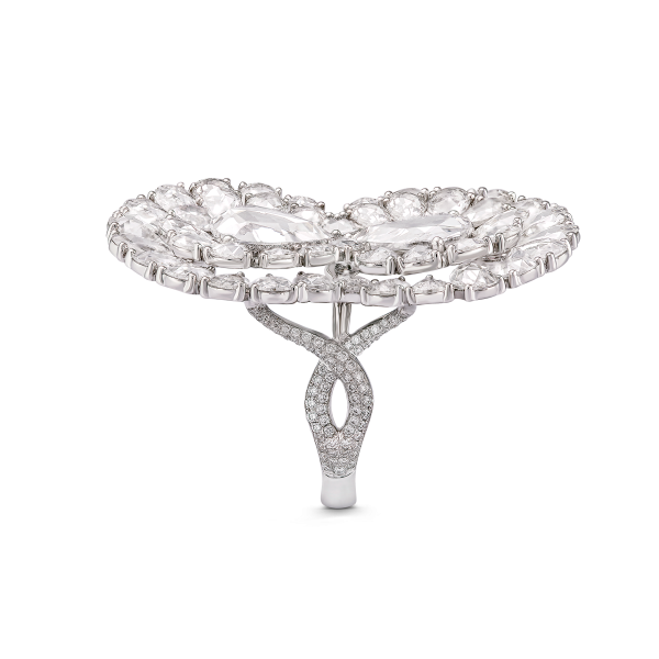 Contemporary Diamond Infinity Cocktail Ring; featuring two central pear-shaped rose-cut diamonds of 1.00 carat each, surrounded by radiant double layered pear rose-cut diamonds to form the Infinity symbol.