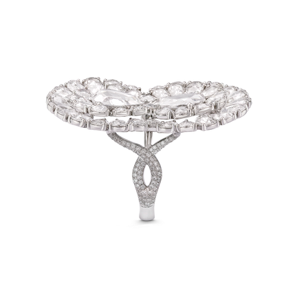 Contemporary Diamond Infinity Cocktail Ring; featuring two central pear-shaped rose-cut diamonds of 1.00 carat each, surrounded by radiant double layered pear rose-cut diamonds to form the Infinity symbol.