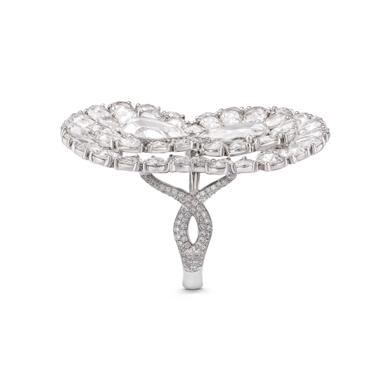 Contemporary Diamond Infinity Cocktail Ring; featuring two central pear-shaped rose-cut diamonds of 1.00 carat each, surrounded by radiant double layered pear rose-cut diamonds to form the Infinity symbol.