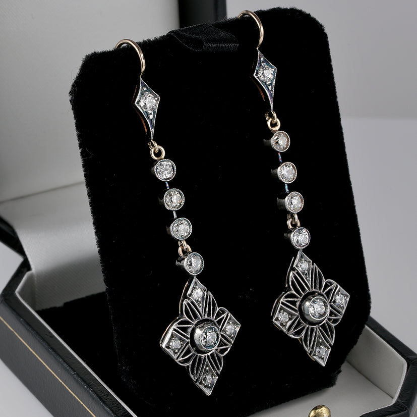 Antique 2.90ct Old Mine Cut Diamond Drop Earrings