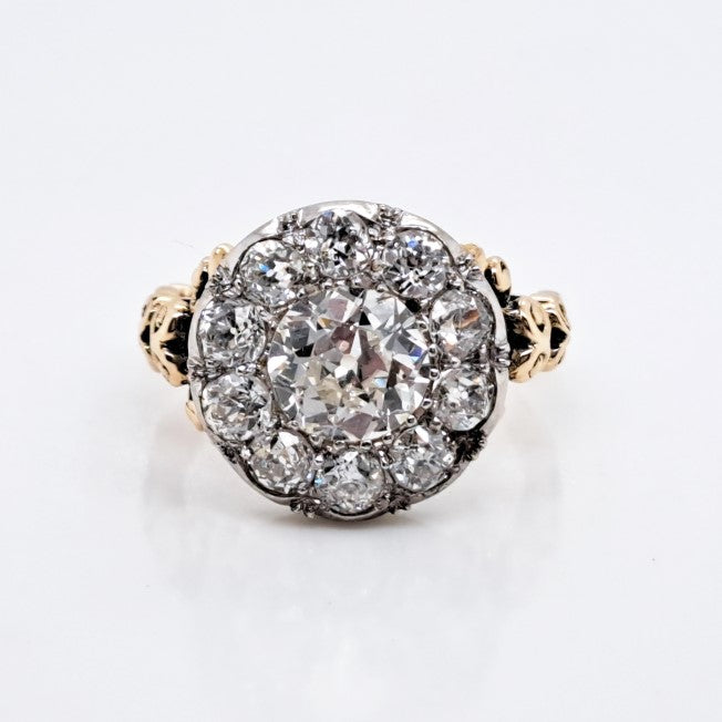 Antique 3ct Old Mine Cut Diamond Cluster Engagement Ring, 1.50ct cushion-cut diamond surrounded by old-cut diamonds totalling an additional 1.50 carats