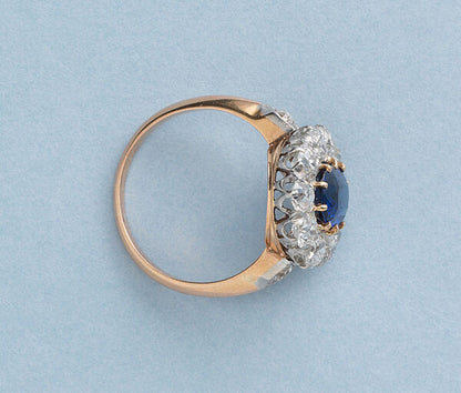 Antique Victorian Sapphire and Old Cut Diamond Cluster Ring in 18ct Rose Gold. Sapphire 1.77 carats. Diamond 2 carats. Made in France, late 19th century, Circa 1890