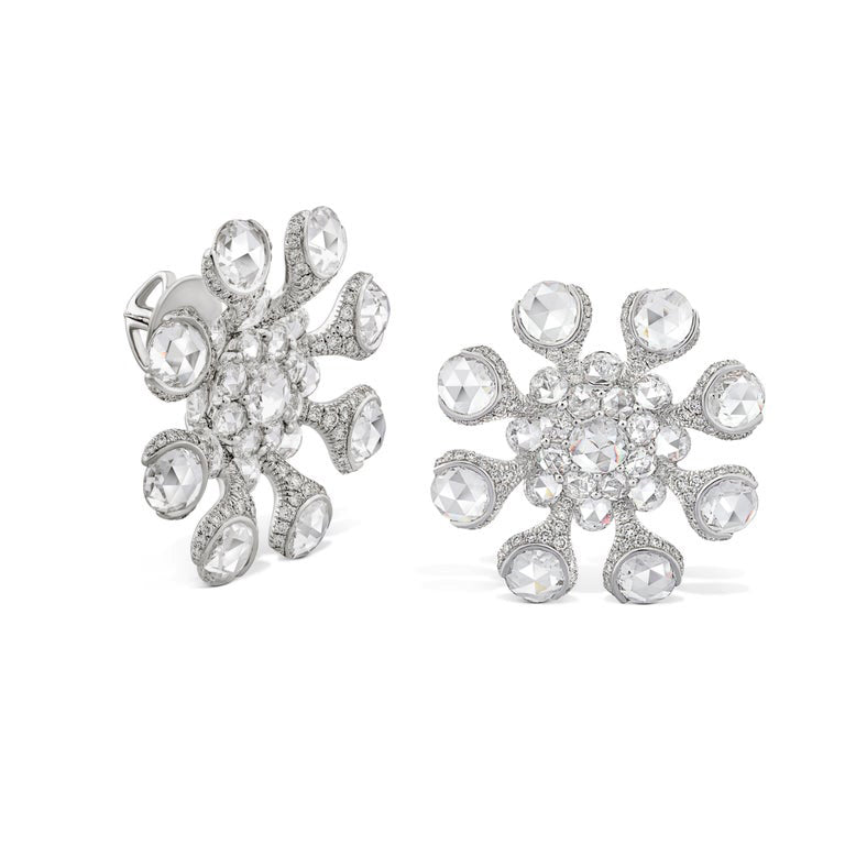 Rose Cut Diamond Flower Stud Earrings, 8.78 carat total, 18ct White Gold