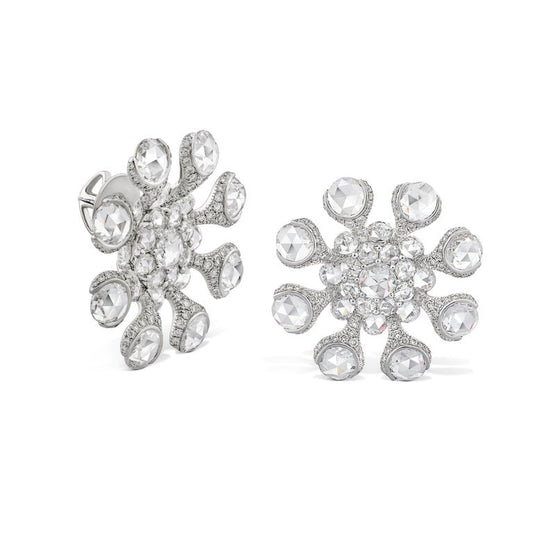 Rose Cut Diamond Flower Stud Earrings, 8.78 carat total, 18ct White Gold