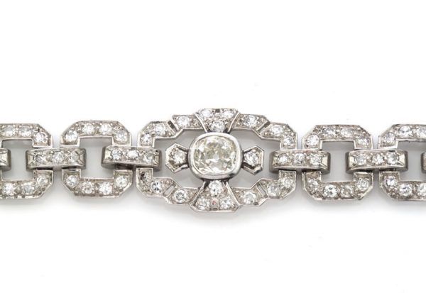 Art Deco 5.89ct Diamond and Platinum Bracelet; geometric square links set with 117 old European-cut diamonds totalling in excess of 5.00 carats