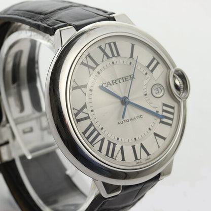 Cartier Ballon Bleu 18ct White Gold 42mm Automatic, silver colour guilloche dial, Roman numerals, blue steel hands, date indicator, sapphire crystal, sapphire cabochon crown, Cartier black leather strap with 18ct white gold deployment buckle, with Cartier box.