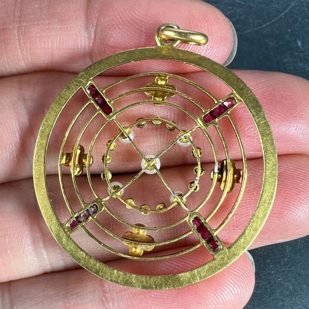 Edwardian Antique Natural Pearl Ruby Diamond Target Pendant