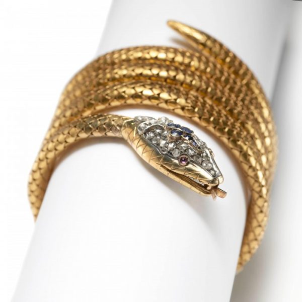 Antique Gold Snake Bracelet with Diamond Sapphire and Ruby, Circa 1890
