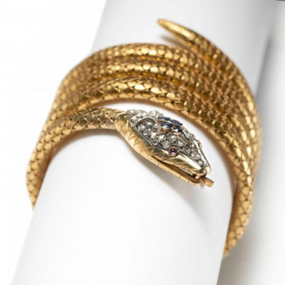 Antique Gold Snake Bracelet with Diamond Sapphire and Ruby, Circa 1890