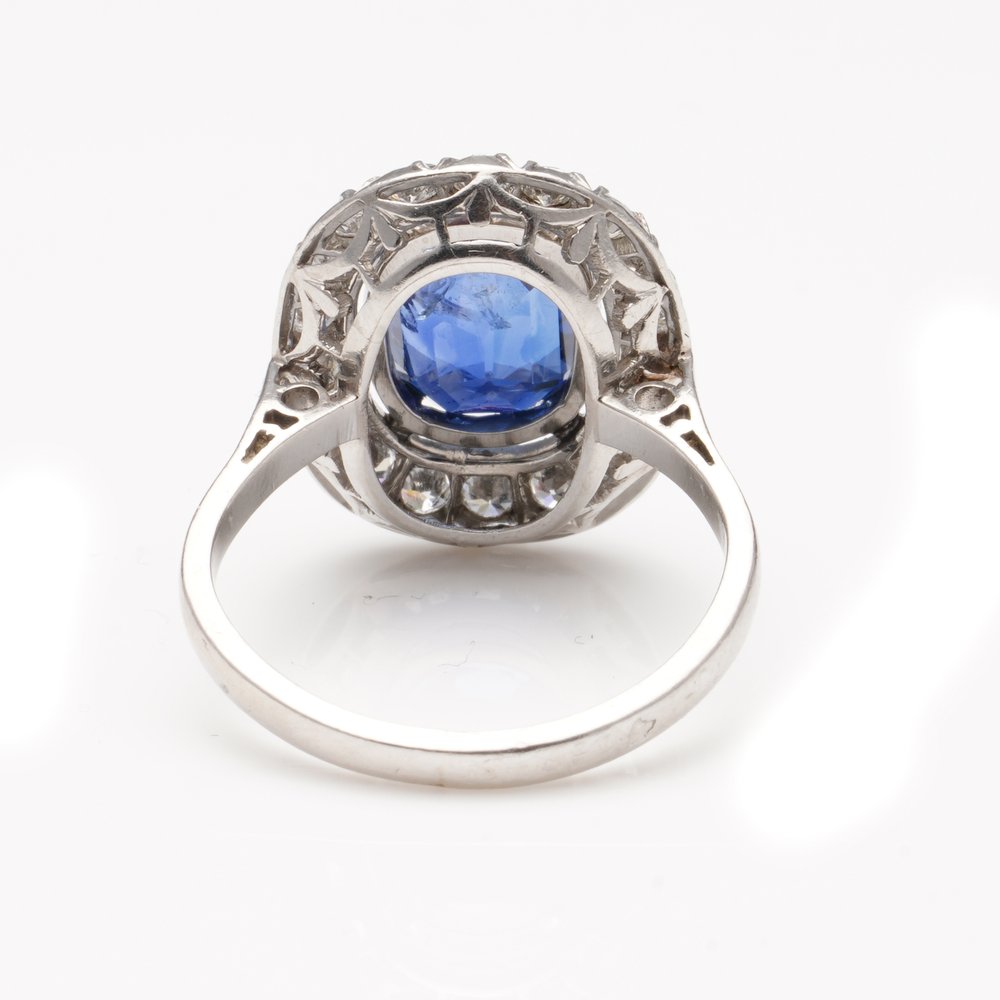 Art Deco 2ct Oval Sapphire and Diamond Cluster Ring in Platinum