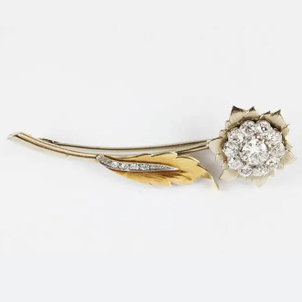 Vintage 2ct Old Cut Diamond Set Gold Flower Brooch