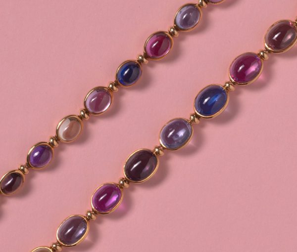 Vintage Bulgari Multi Colour Sapphire Necklace; 71.25cts, oval cabochon sapphires mounted in 18ct yellow gold, can be worn as two bracelets, signed Bvlgari