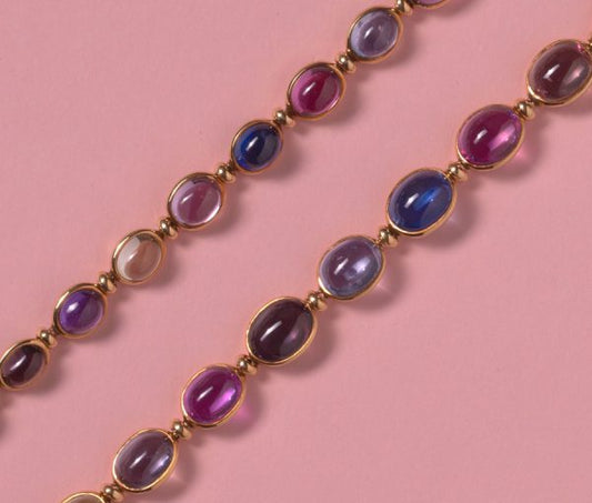 Vintage Bulgari Multi Colour Sapphire Necklace; 71.25cts, oval cabochon sapphires mounted in 18ct yellow gold, can be worn as two bracelets, signed Bvlgari