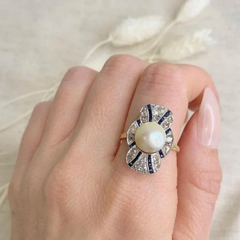 Edwardian Antique Natural Pearl Sapphire and Diamond Plaque Cocktail Ring