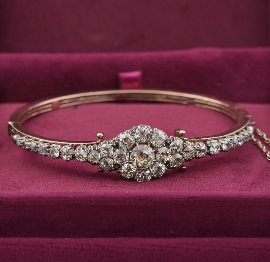 Antique Victorian 5.55ct Old Cut Diamond Cluster Bangle Bracelet