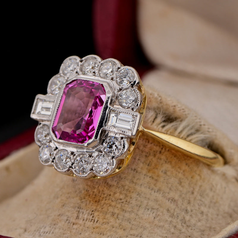Art Deco Certified 1.40ct Natural No Heat Madagascan Pink Sapphire and Diamond Cluster Engagement Ring