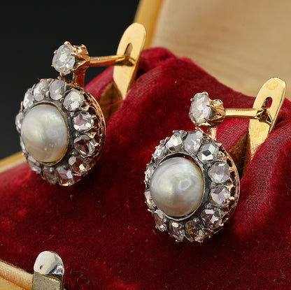 Victorian Antique Natural Pearl and Rose Cut Diamond Cluster Earrings