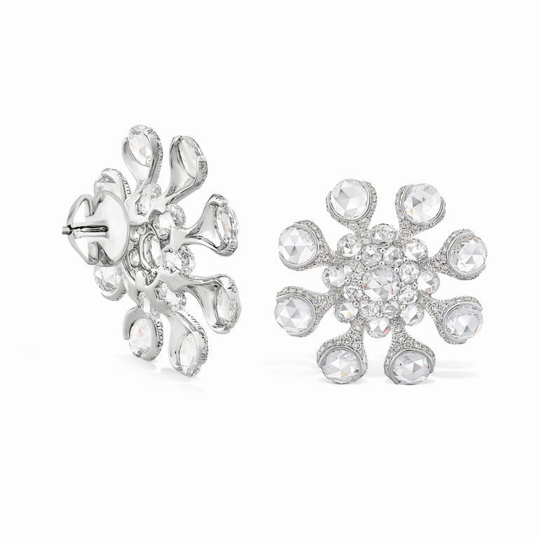 Rose Cut Diamond Flower Stud Earrings, 8.78 carat total, 18ct White Gold