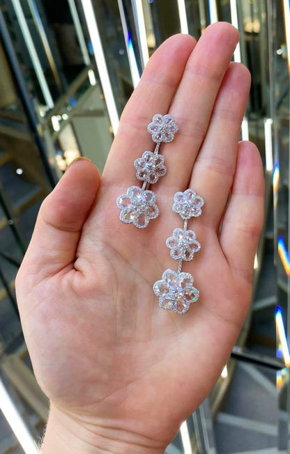 Rose Cut Diamond Floral Drop Earrings, 10.11 carats, 18ct White Gold