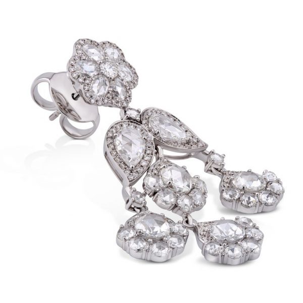 Rose Cut Diamond Floral Chandelier Earrings, 7.71cts, 18ct White Gold