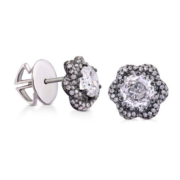 Old Cut Diamond Flower Stud Earrings, 1.91 Carat Total, 18ct Black Gold