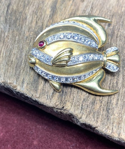 Tiffany and Co 18ct Gold Tropical Fish Brooch with Diamonds and Ruby