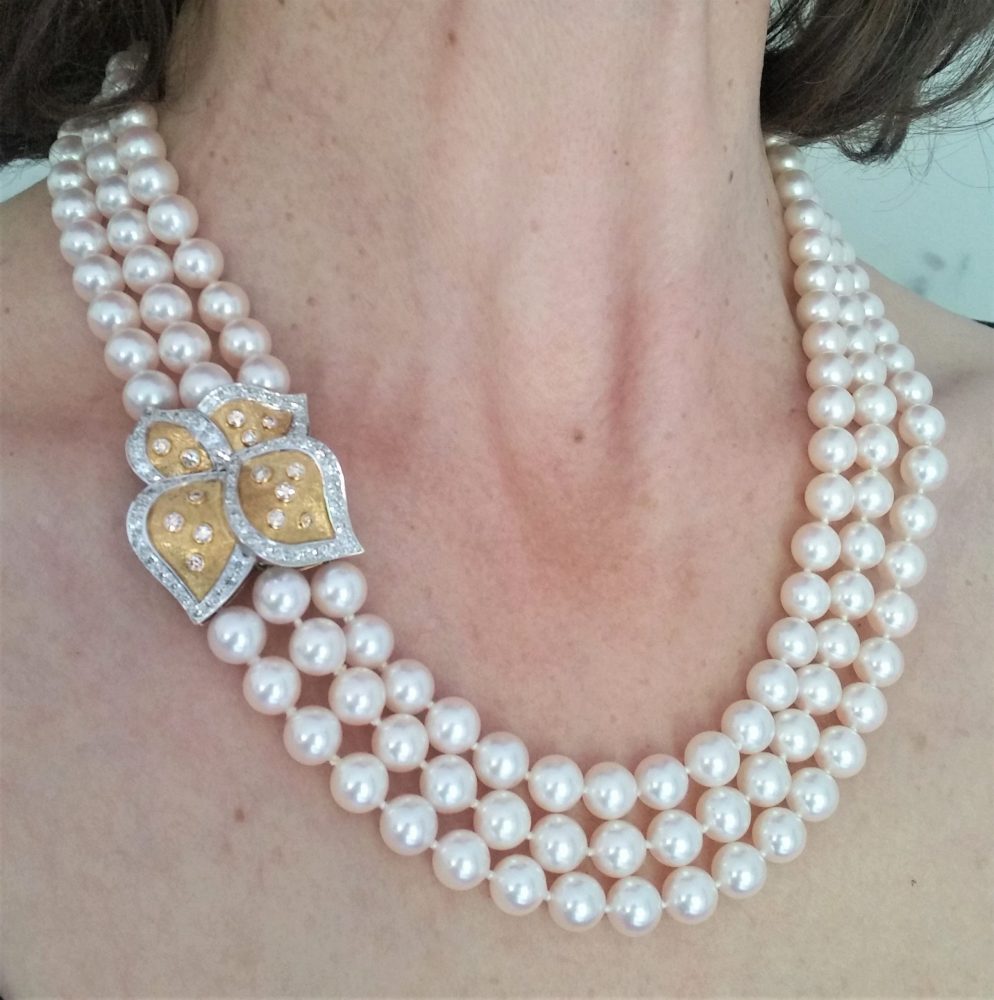 Bucherer Triple Row Akoya Pearl Necklace, 18ct Gold and Diamond Clasp