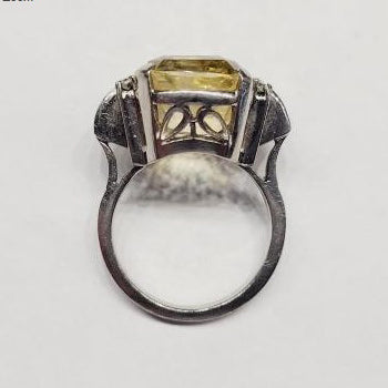 Vintage 1940s Retro 16cts Cushion Cut Yellow Sapphire Ring with Blue Sapphire and Diamond Shoulders in Platinum