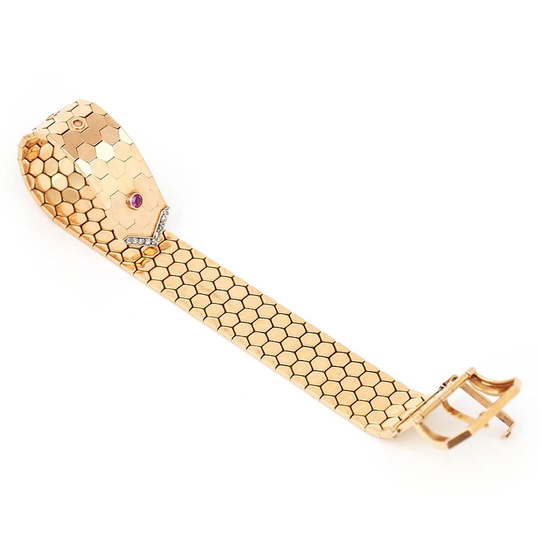 Vintage 18ct Yellow Gold Articulated Buckle Bracelet with Pink Sapphire and Diamonds
