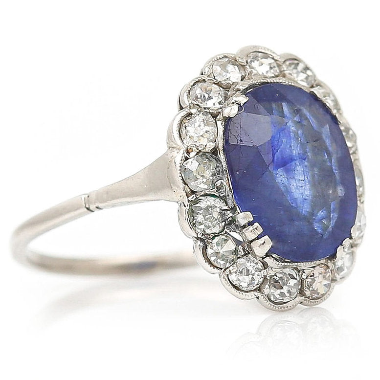 Art Deco 2.8ct Sapphire and Old Cut Diamond Cluster Ring